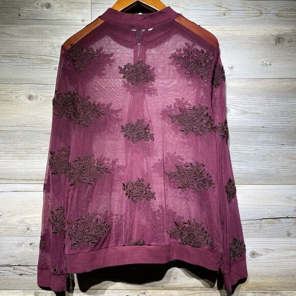 Torrid Mesh Bomber Jacket Red Burgundy Zip-Up Sheer Womens 1X Embroidered Floral - Picture 4 of 10